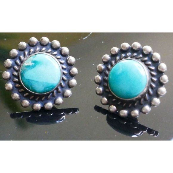 Antique Sterling Silver & Turquoise Pierced Earrings with Threaded Screw Backs - Picture 6 of 9